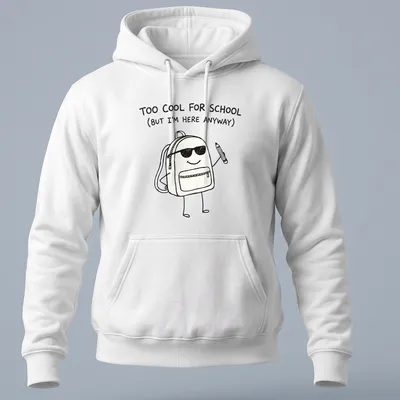 Kawaii line-art shirt with backpack and playful text about school — printed on a unisex hoodie