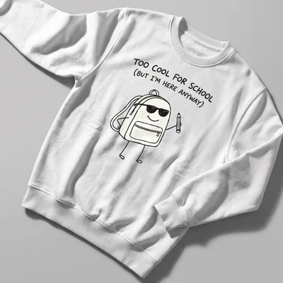 Kawaii line-art shirt with backpack and playful text about school — printed on a unisex sweatshirt