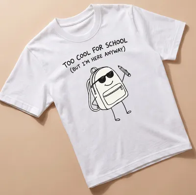 Kawaii line-art shirt with backpack and playful text about school