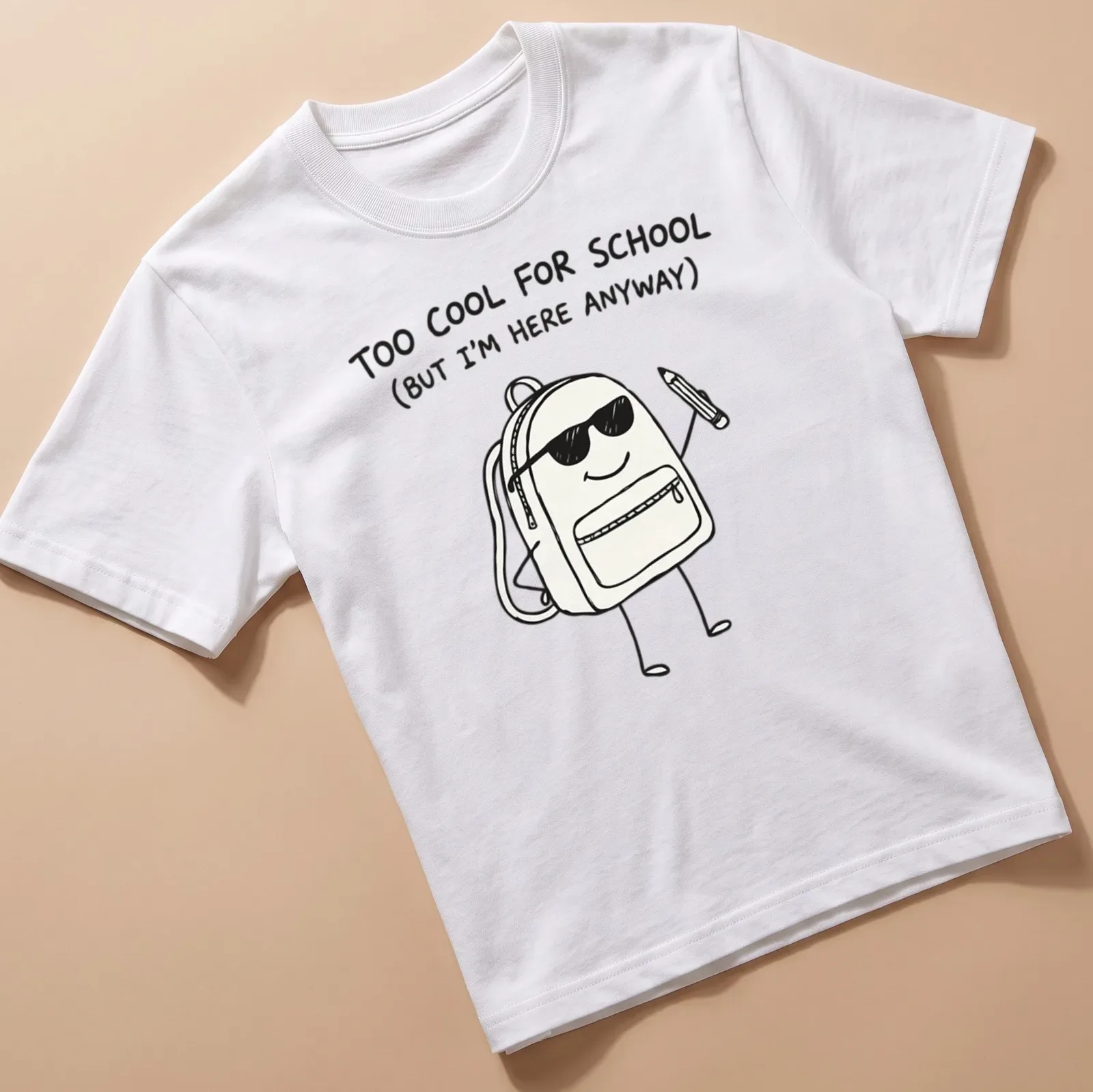 Kawaii line-art shirt with backpack and playful text about school — printed on a unisex t-shirt