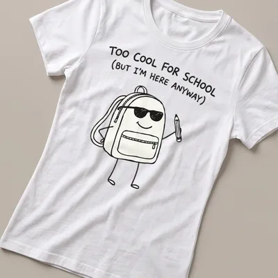 Kawaii line-art shirt with backpack and playful text about school — printed on a women's shirt