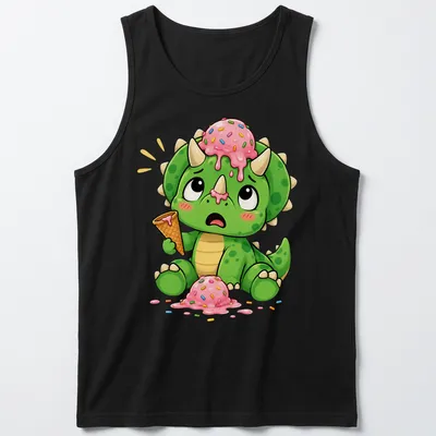 Kawaii style Triceratops with melting ice cream and sprinkles — printed on a tank top