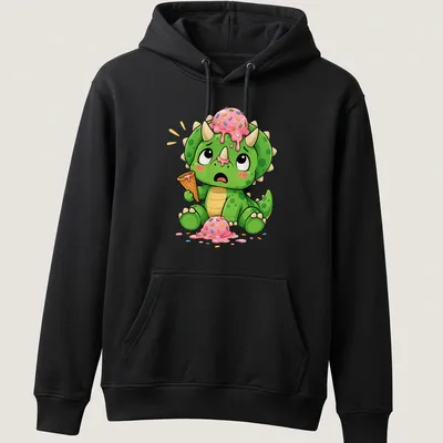 Kawaii style Triceratops with melting ice cream and sprinkles — printed on a unisex hoodie
