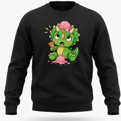Kawaii style Triceratops with melting ice cream and sprinkles — printed on a unisex sweatshirt