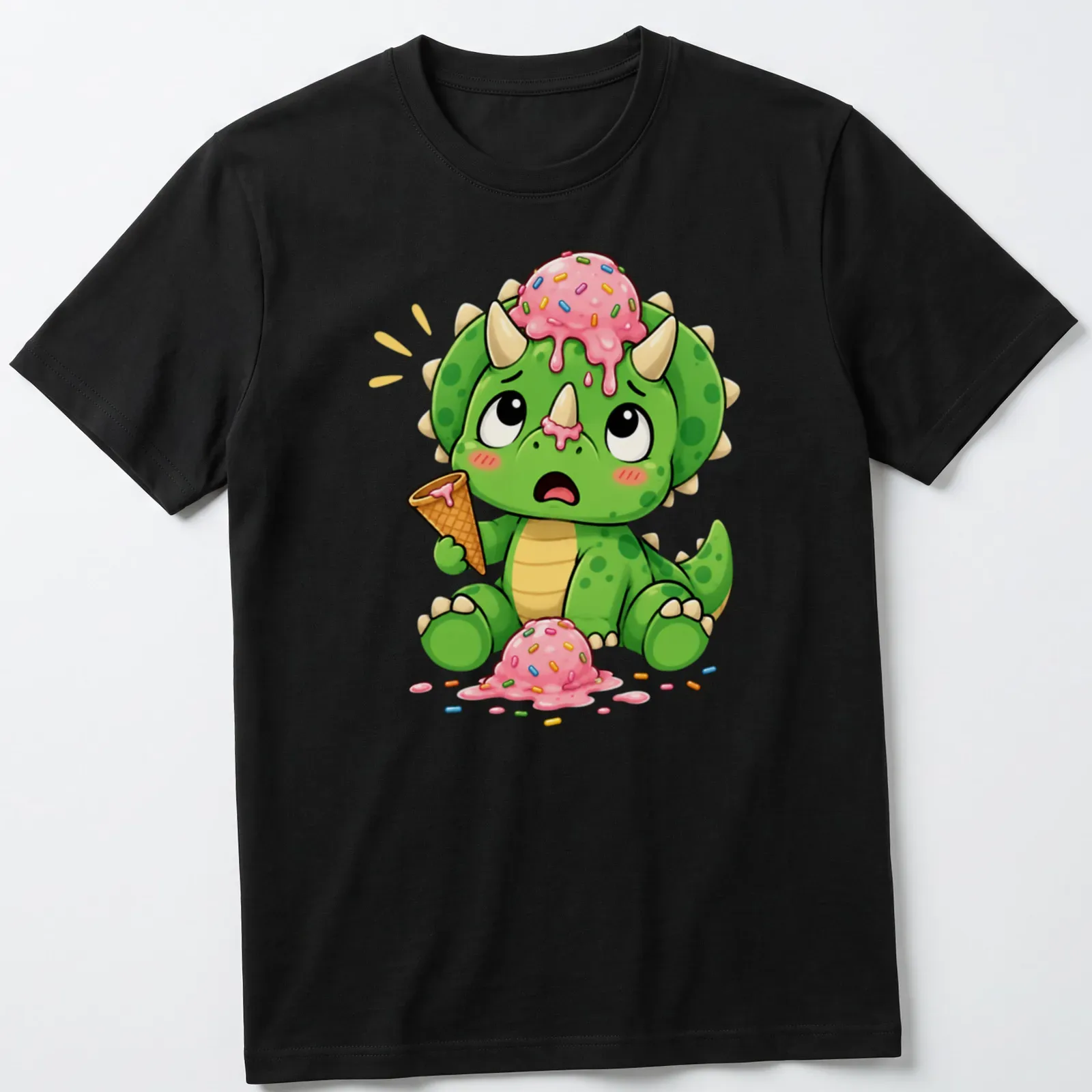Kawaii style Triceratops with melting ice cream and sprinkles — printed on a unisex t-shirt