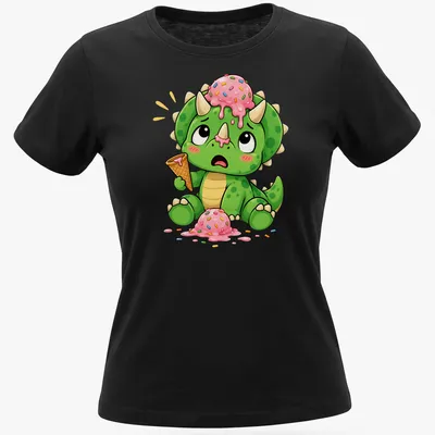 Kawaii style Triceratops with melting ice cream and sprinkles — printed on a women's shirt