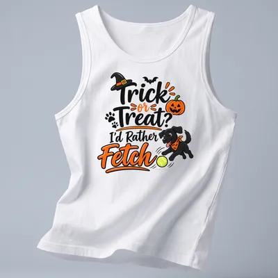 Playful cartoon t-shirt featuring black dog and Halloween text — printed on a tank top