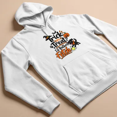 Playful cartoon t-shirt featuring black dog and Halloween text — printed on a unisex hoodie