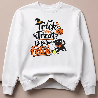 Playful cartoon t-shirt featuring black dog and Halloween text — printed on a unisex sweatshirt
