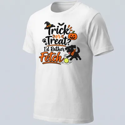 Playful cartoon t-shirt featuring black dog and Halloween text
