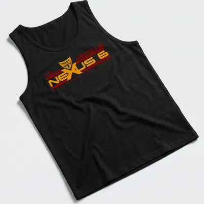 Futuristic Nexus 6 graphic with text on a sci-fi themed — printed on a tank top