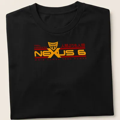 Futuristic Nexus 6 graphic with text on a sci-fi themed T-shirt