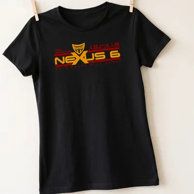 Futuristic Nexus 6 graphic with text on a sci-fi themed — printed on a women's shirt