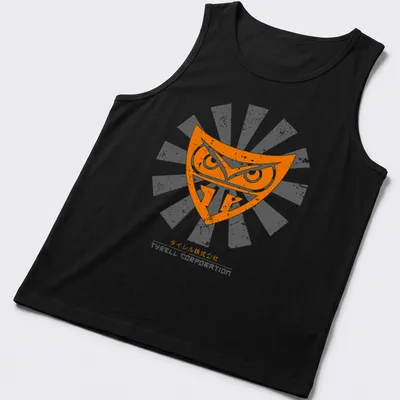 Retro distressed T-shirt featuring an owl logo with Japanese text. — printed on a tank top
