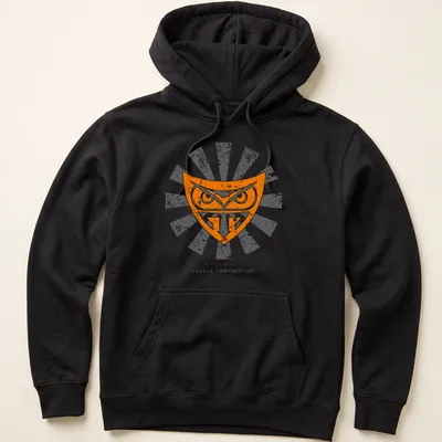 Retro distressed T-shirt featuring an owl logo with Japanese text. — printed on a unisex hoodie