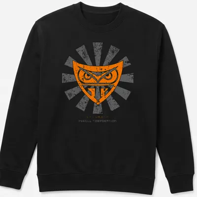 Retro distressed T-shirt featuring an owl logo with Japanese text. — printed on a unisex sweatshirt