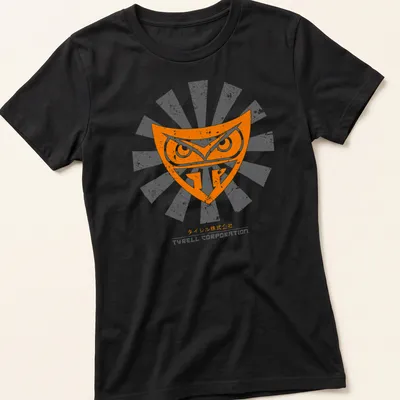 Retro distressed T-shirt featuring an owl logo with Japanese text. — printed on a women's shirt