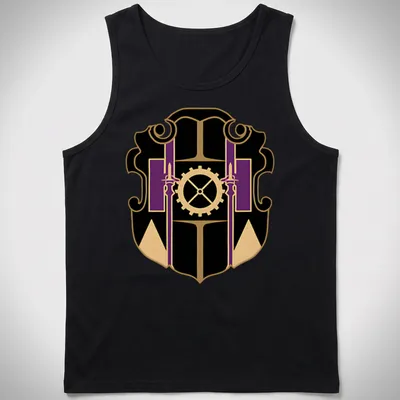 Modern badge emblem featuring Ufi Association logo in black, gold, and purple — printed on a tank top