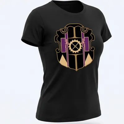 Modern badge emblem featuring Ufi Association logo in black, gold, and purple — printed on a women's shirt