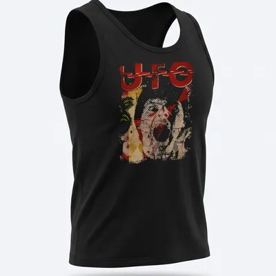 Abstract collage t-shirt with bold 'UFO' text in vibrant colors — printed on a tank top