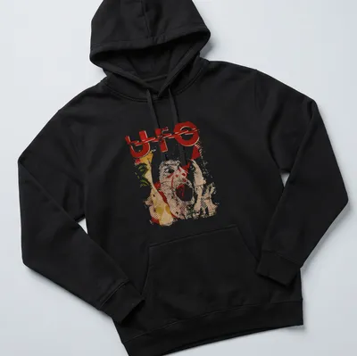 Abstract collage t-shirt with bold 'UFO' text in vibrant colors — printed on a unisex hoodie