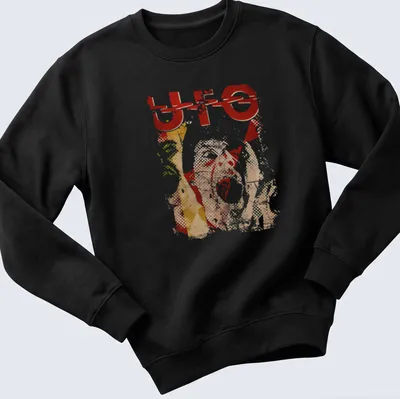 Abstract collage t-shirt with bold 'UFO' text in vibrant colors — printed on a unisex sweatshirt