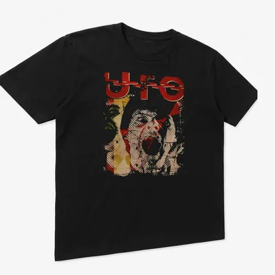 Abstract collage t-shirt with bold 'UFO' text in vibrant colors — printed on a unisex t-shirt (angled view)