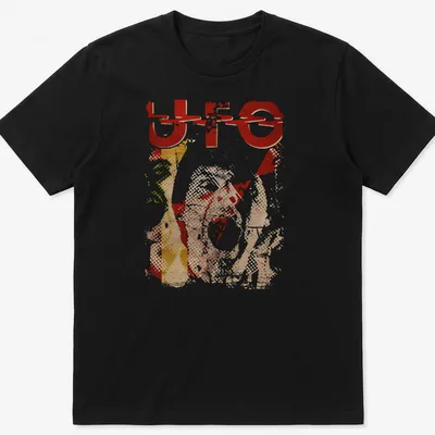 Abstract collage t-shirt with bold 'UFO' text in vibrant colors