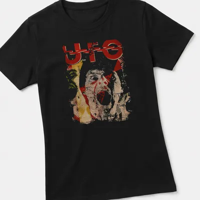 Abstract collage t-shirt with bold 'UFO' text in vibrant colors — printed on a women's shirt