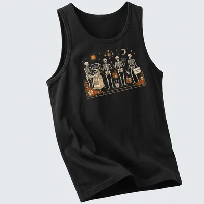 Whimsical illustration of skeletons with ultrasound equipment and text — printed on a tank top