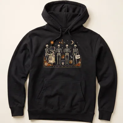 Whimsical illustration of skeletons with ultrasound equipment and text — printed on a unisex hoodie