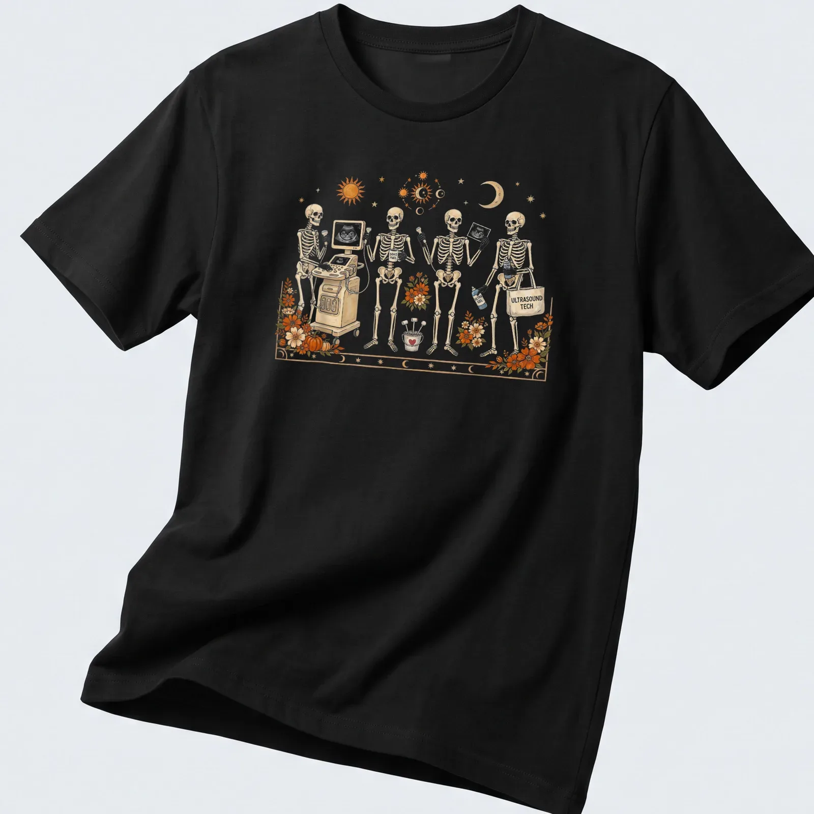 Whimsical illustration of skeletons with ultrasound equipment and text — printed on a unisex t-shirt