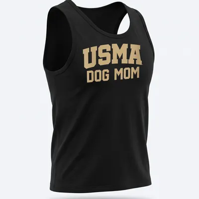 Bold USMA Dog Mom text in collegiate style with gold and white colors — printed on a tank top