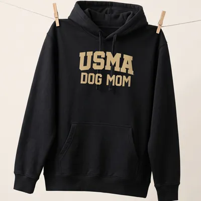 Bold USMA Dog Mom text in collegiate style with gold and white colors — printed on a unisex hoodie