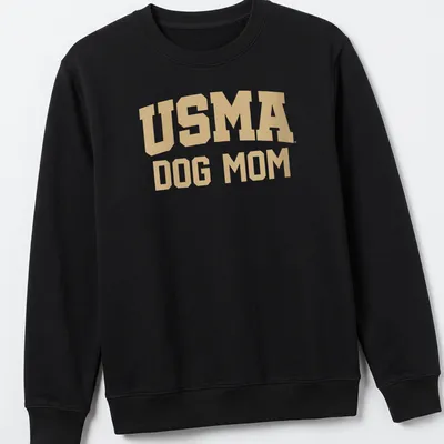 Bold USMA Dog Mom text in collegiate style with gold and white colors — printed on a unisex sweatshirt