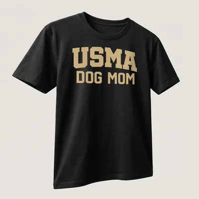 Bold USMA Dog Mom text in collegiate style with gold and white colors — printed on a unisex t-shirt (angled view)