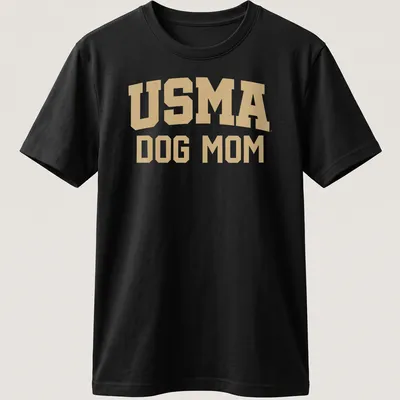 Bold USMA Dog Mom text in collegiate style with gold and white colors