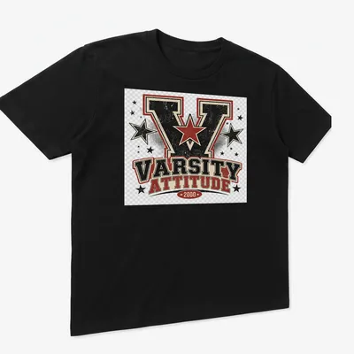 Vintage distressed Varsity Attitude 2000 graphic with stars — printed on a unisex t-shirt (angled view)