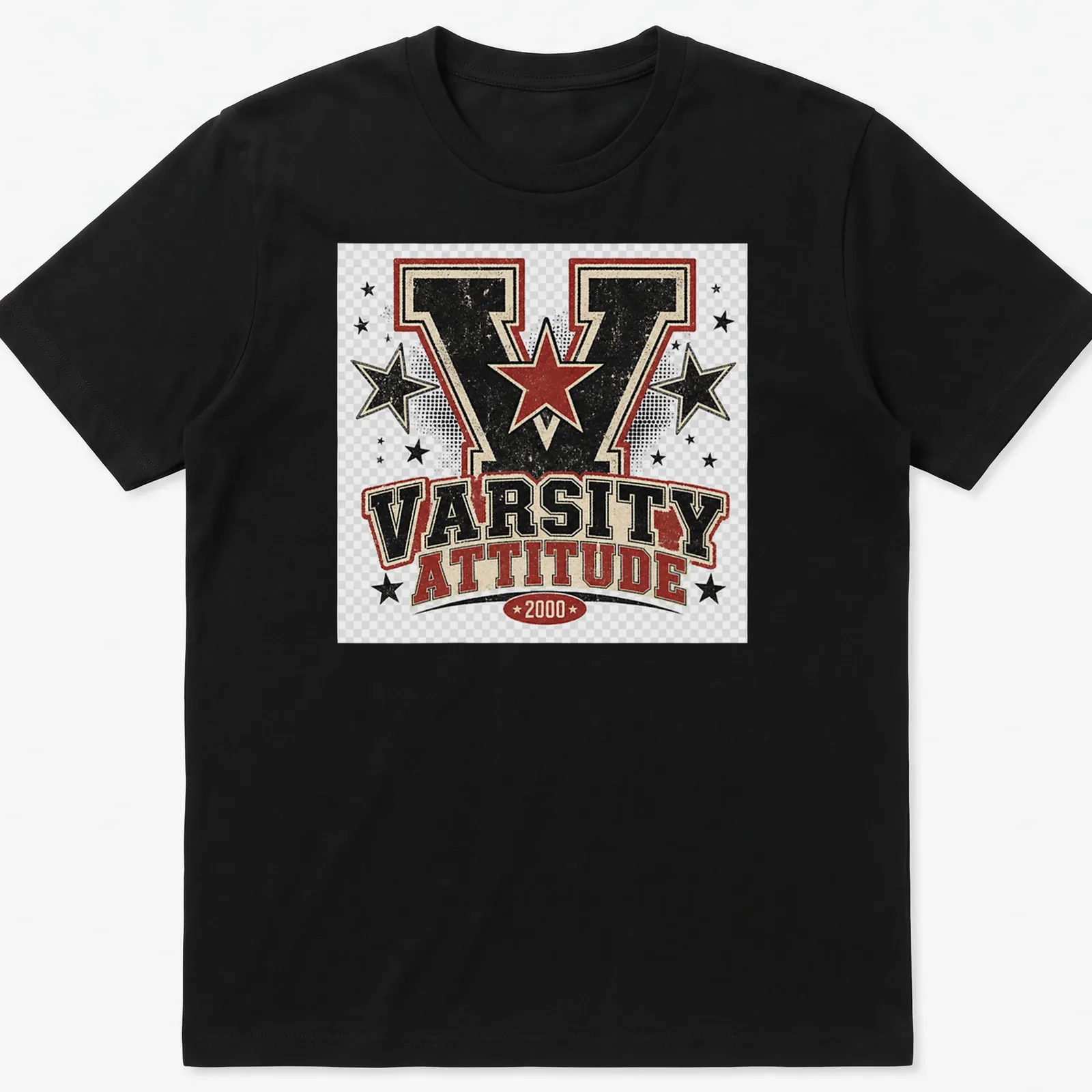 Vintage distressed Varsity Attitude 2000 graphic with stars — printed on a unisex t-shirt