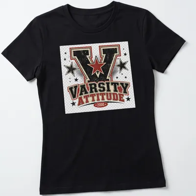 Vintage distressed Varsity Attitude 2000 graphic with stars — printed on a women's shirt