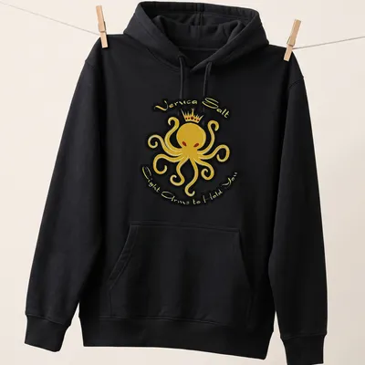 Bold graphic t-shirt featuring an octopus and text referencing Veruca Salt — printed on a unisex hoodie
