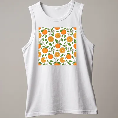 Colorful pattern featuring orange fruits and blossoms in orange and green — printed on a tank top