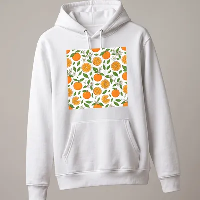 Colorful pattern featuring orange fruits and blossoms in orange and green — printed on a unisex hoodie