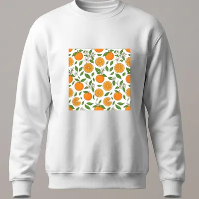 Colorful pattern featuring orange fruits and blossoms in orange and green — printed on a unisex sweatshirt