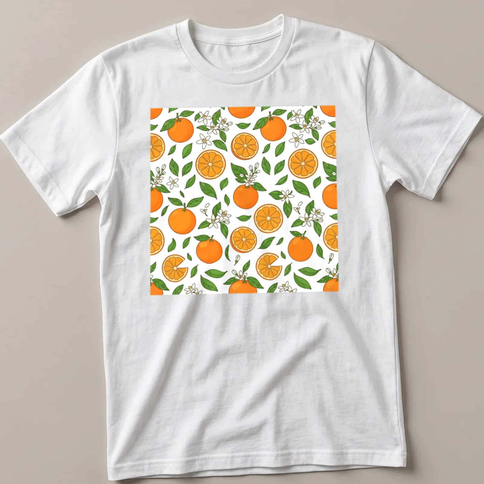 Colorful pattern featuring orange fruits and blossoms in orange and green — printed on a unisex t-shirt