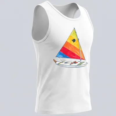 Watercolor print of a vintage sunfish sailboat with a rainbow sail — printed on a tank top