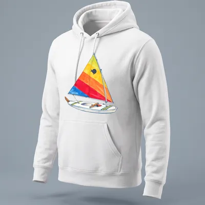 Watercolor print of a vintage sunfish sailboat with a rainbow sail — printed on a unisex hoodie