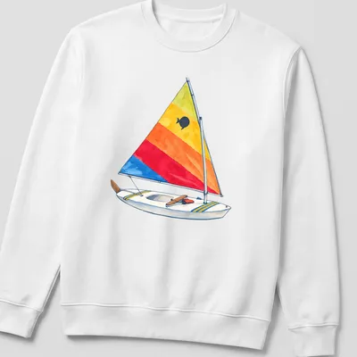 Watercolor print of a vintage sunfish sailboat with a rainbow sail — printed on a unisex sweatshirt