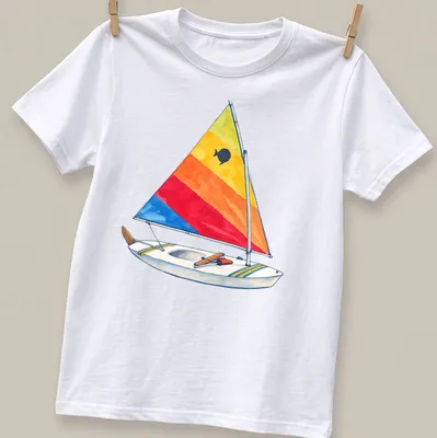 Watercolor print of a vintage sunfish sailboat with a rainbow sail