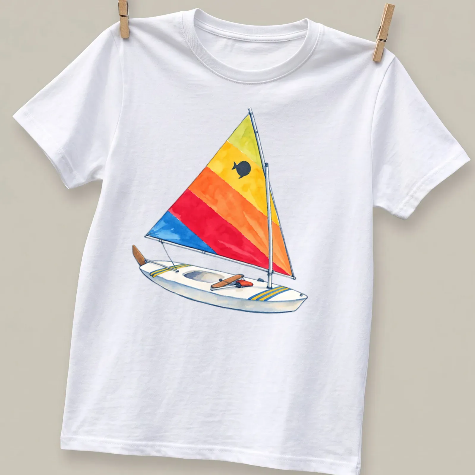 Watercolor print of a vintage sunfish sailboat with a rainbow sail — printed on a unisex t-shirt